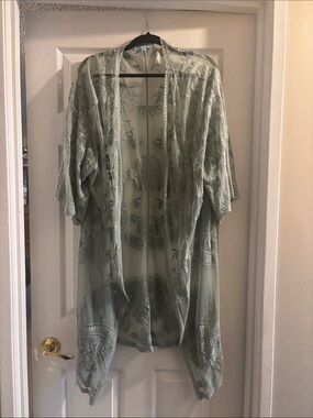 She + Sky Sage Embroidered Sheer Kimono
